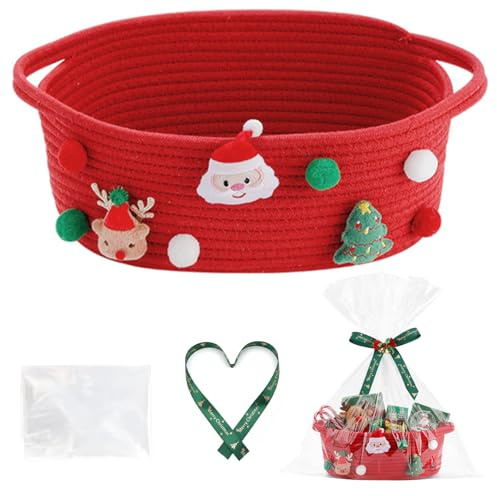 Cyiecw Präsentkorb Leer, Weihnachts-Geschenkkorb Klein aus Baumwollseil, Geflochtener Korb für Geschenke Baby, Osternest Korb Aufbewahrungskorb, Spielzeugkorb mit Geschenktüte und Schleife (Rot)