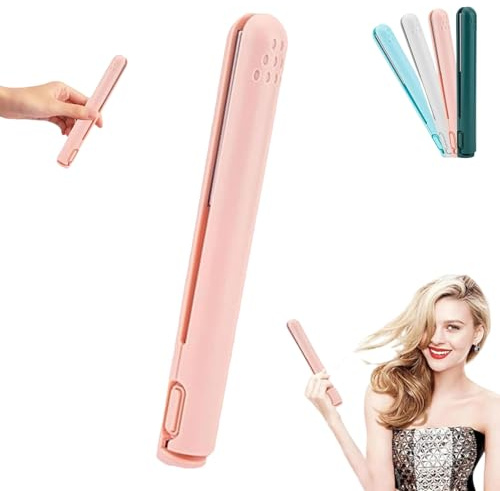 Curling Iron, Upgrade Cordless 2-in-1 Portable Wand and Flat, Mini Dual-Purpose Ceramic Curling Iron, Portable Travel Curlings Wand for All Hair Types, Rapid Heating(Pink)