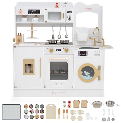 HOMASIS Cuisine de Jouet en Bois avec Lumières et Sons, Cuisine Réalisteen avec Machine à Café, Grille-Pain & Distributeur de Glace, pour Enfants de 3+ Ans (Blanc)