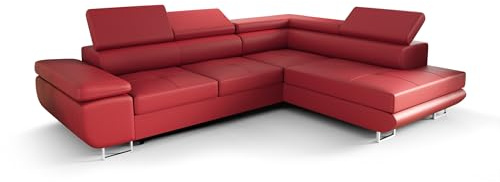 O-Sofa Ecksofa Praga Design L, Eckcouch in L-Form mit Schlaffunktion, Farbe: Rot, Kunstleder, Ottomane Universal