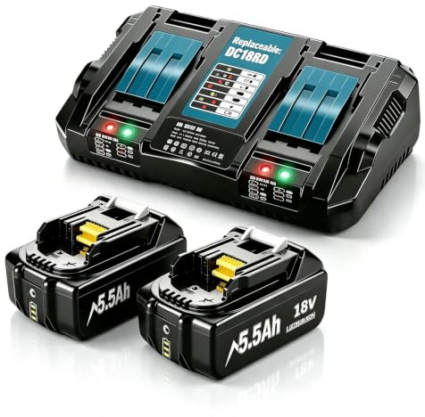2X 5.5Ah Ersatzkku für Makita Akku 18V + Dual Port 6A Ladegerät DC18RD | Kompatibel mit Makita 18V Akku BL1860 BL1860B BL1850B BL1850 BL1840B BL1830B LXT-400