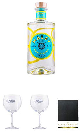 Malfy Gin Con LIMONE 0,7 Liter + Citadelle Ballon GIN Glas 1 Stück + Citadelle Ballon GIN Glas 1 Stück + Schiefer Glasuntersetzer eckig ca. 9,5 cm Durchmesser