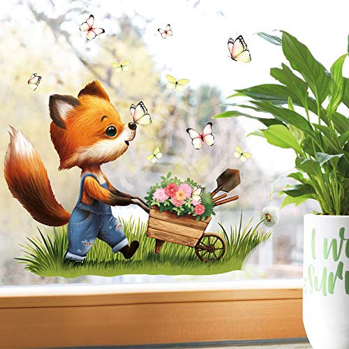 Wandtattoo Loft Fensterbilder Frühling Fuchs und Schubkarre Motiv – A4 Bogen, Wiederverwendbar – Frühlingsdeko Fenster, Frühlingsbild Fenster, Fensterdeko Frühling, Fensterfolie Frühling Selbstklebend