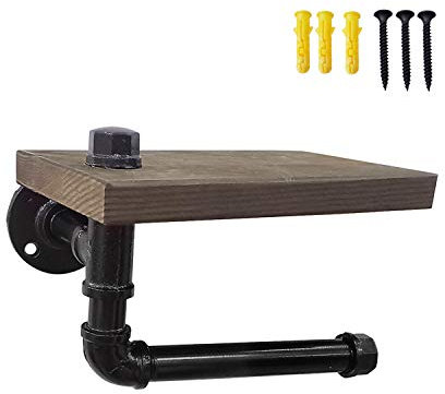 Industrie-Rohr-Toilettenpapierhalter mit Holzregal, rustikaler Seidenpapierhalter für Badezimmer, schwarz Rollenpapierhalter Hardware Gusseisen Wandhalterung