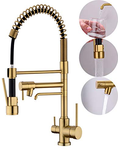 Delle Rosa Rubinetto da cucina, rubinetto per acqua potabile a 3 vie, rubinetti per depuratore d'acqua 3 in 1, arco alto e doppie maniglie rubinetto da cucina commerciale oro spazzolato