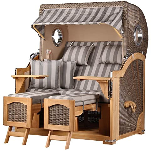 bene living Strandkorb Ammersee Grande XL Teak Bullauge - PE grau - Modell 537-2,5-Sitzer inkl. Liftersystem