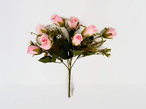Mini Artificial Rose Bud Flower Bush & Mixed Foliage - Choice of Colour (Pink)