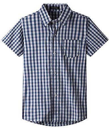 Spring&Gege Jungen Kurzarm Popeline Button Down Shirt Baumwolle Plaid Uniform Groß Kariert Dress Shirts, Navy blau Gingham, 152 158