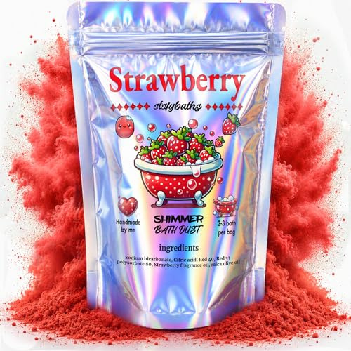 Stsfybaths Bath Bomb Powder for Kids and Adults, Red Strawberry Glitter and Shimmer Bath Dust, Handmade, Scented and Non-Staining, Gift for Women, 2-3 Baths per Bag (Small, Red)