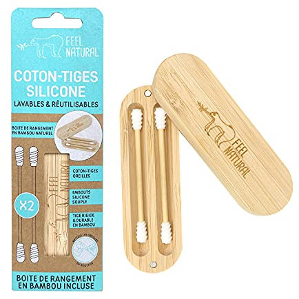 Cotons Tiges Réutilisables en Silicone - Boite Bambou, 2 cotons tiges Lavables - Nettoyage Oreilles Adulte en Douceur - Tige Rigide pour Toilette, Réutilisables à Vie