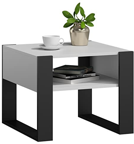 MATKAM Couchtisch KAJA H50 x B60 x T63,6 cm, offene Ablage unter der Tischplatte, Kufenbeine, Wohnzimmer Couchtisch Modern Wohnzimmertisch Universal (Weiß-Schwarz)