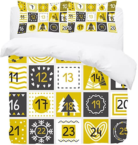 Weihnachts-Adventskalender Gelb Plaid Muster Bettwäsche Queen Bettbezug Set - Weiche Mikrofaser Bettbezug mit Kissenbezüge - Bettwäscheset