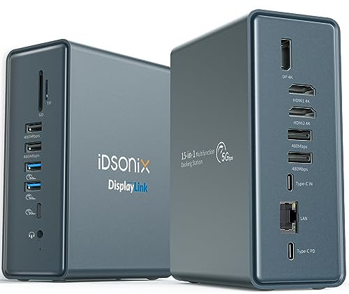 iDsonix USB C Displaylink Docking Station, 15 in 1 USB C Triplo Display Docking Station (Doppio Monitor 4K HDMI, 8 Porte USB, DisplayPort, 100 W PD, RJ45, 3,5 mm Audio, TF/SD) Verticale