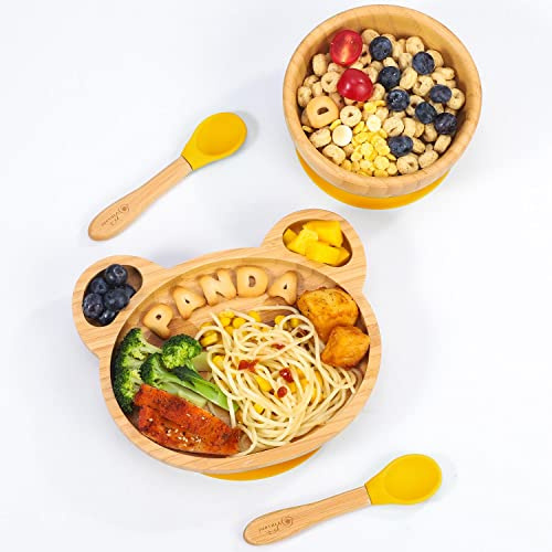 Vinsani Baby Bamboo Weaning Set, Suction Plate, Bowl & Spoon for Toddler | Food-Grade Silicone Baby Feeding Set, Non-Slip Base Bowl, BPA-Free Wooden Dinnerware for Kids, Panda Themed - Yellow