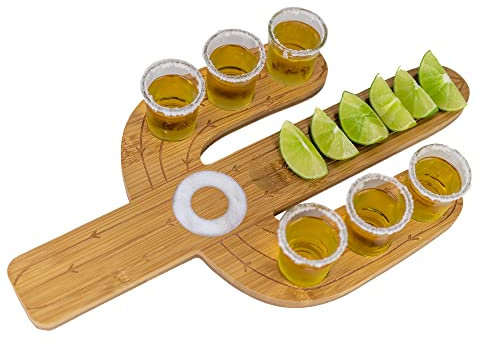 WONDERMAR Juego de Bandeja de Tequila y Vasos de chupito de Cactus, Regalos de Tequila y Regalos Mexicanos, Bandeja para Servir Vasos de chupito de bambú, Tabla de Vuelo con Cuenco de limón, Borde de