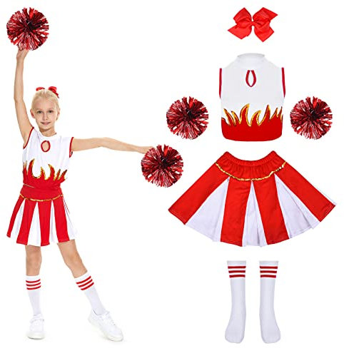 FORMIZON Kinderkostüm Cheerleader, Cheerleader Kostüm Kinder, Cheerleading Kleid Cheer Uniformen mit Pompons, Socken und Haarzubehör, Kinder Cheer Outfit Karneval Kostüm für 8-13 Jahre