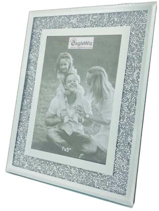 EagleWiz - Marco de fotos de cristal con espejo aplastado - Elegante marco de fotos de cristal plateado para fotos y decoración de sala de arte, tamaño 18 cm x 13 cm