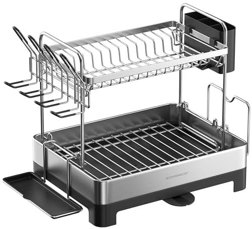 SONGMICS Dish Drying Rack, 2-Tier Dish Drainer for Kitchen Counter with Rotatable and Extendable Drain Spout, Dish Rack with Draining Board, Drip Tray, Plate Holder, Black KCS032B01