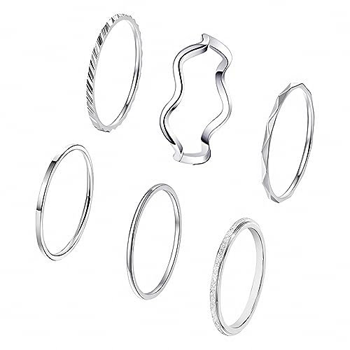 IUDWCG - 6 Pcs Edelstahl stapelbarer Ring, verstellbarer Damenring mittlerer Länge, CZ einfacher Twist Ring, Komfort Größe, Silber