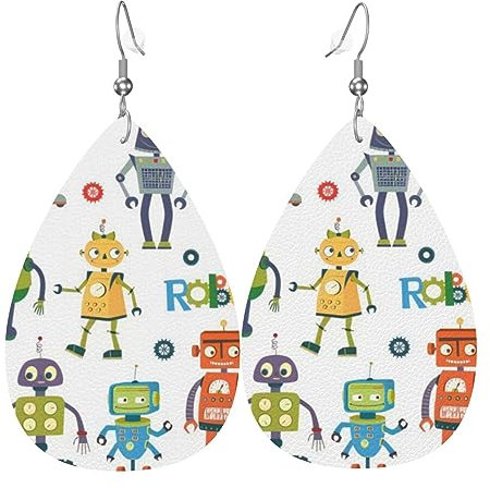 OPSREY Niedliche Cartoon Roboter gedruckt Mode Kunstleder Ohrring Tropfen Ohrring Damenschmuck, Einheitsgröße, Kunstleder