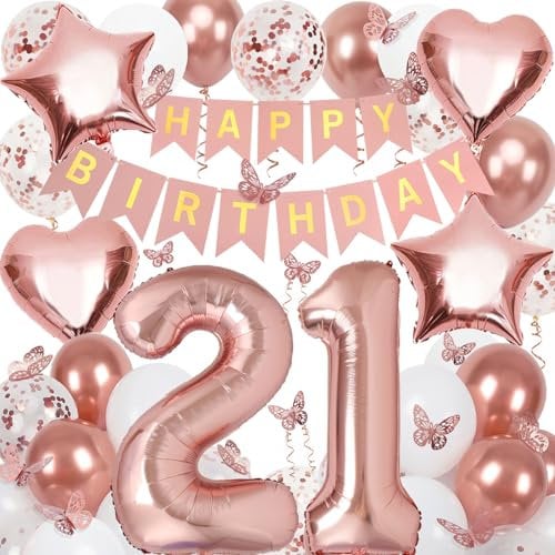 21st Birthday Decorations for Girls, Rose Gold 40 Inch Number 21 Foil Birthday Balloons with Happy Birthday Banner and Butterfly Stickers