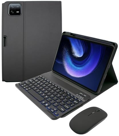 HLTOOP Tastatur Hülle für Xiaomi Pad 6/6 Pro, Abnehmbare Kabellose Tastatur Mit Hintergrundbeleuchtung Und Magnetischer Schutzhülle, Maus,Schwarz