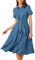 GRACE KARIN Damen Elegant A-Linie Busenkleid Sommer Leicht Einfarbig Freizeitkleid mit Taschen Blau S