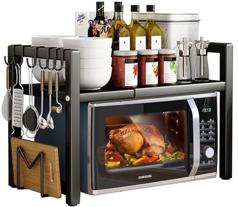 devesanter Ripiano per microonde espandibile, supporto per microonde a 2 livelli con 5 ganci, scaffale organizer da cucina, ripiani per forno a microonde per piano di lavoro, allungabile da 40 a 64 cm