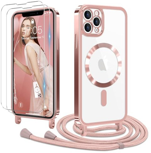 Ethanger Handyband für iPhone 11 Pro Max Hülle mit Band + 2 Stück Glas Schutzfolie Transparent Silikon Handyhülle Magnetische Schutzhülle Case zum Kordel Abnehmbar für iPhone 11 Pro Max Rosa