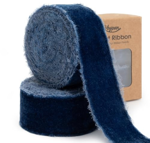 Keypan Samtband Blau 3,8 cm Schleifenband Geschenkband | Ausgefranste Vintage-Bänder für Geschenkverpackungen, Weihnachtsbaum-Schmuck und Haus-Dekoration, 5,5 m