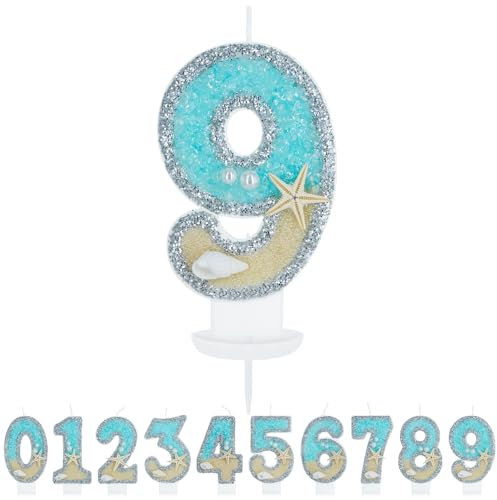 WenmthG Geburtstagskerze Zahlen 9 für Jungen Mädchen - 3D Blau Gelb Ozean Strand Geburtstag Kerze - Nummer 9 Geburtstag Torte Dekoration - Glitzernde Kerze 9 - Personalisierte Geburtstagskerzen
