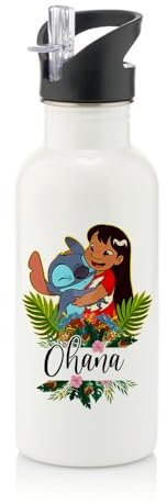 Personalised Blue Koala With Lilo Design For Girls, Back To School Girl Gift, Stainless Steel 600ml Water Bottle with Straw. (White)