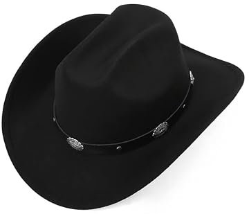 Klassischer Western-Cowboyhut für Damen, aufrollbar, breiter Rand, Filz-Fedora-Hüte, Cowgirl-Hut mit Gürtelschnalle, Größe M / L, Biscuit-Schwarz, M