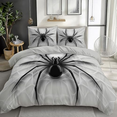 Quixora Schwarze Spinne 3D Bettwäsche Set Hellgrau Bettbezug mit Reißverschluss Pflegeleicht Atmungsaktiv Mikrofaser 200 x 200 cm 2 Kissenbezug 80x80cm