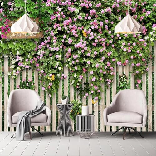 Photo Wallpaper Pink Flower 3D Effect Garden Fence Wall Mural Decoration Poster Picture Modern Design 150x105 cm Murals Wall Art for Living Room Bedroom Kitchen a.2097