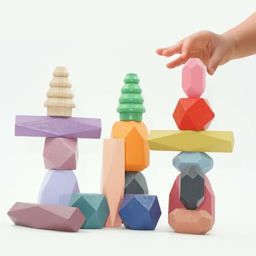 18 Stück Balanciersteine Holz Stapeln Spielzeug, Balanciersteine Montessori Bauklötze Spielzeug, aus Buchen-Holz, Kinder Balance Steine Spiel Blöcke Geeignet für Baby ab 3 4 5 6 7 8 Jahr