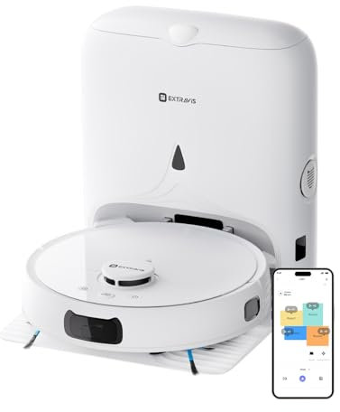 EXTRAVIS V5 Robot aspirateur et serpillère, aspirateur robot à vidage automatique, aspiration 8500 Pa, coupe-nœuds pour poils d'animaux, navigation laser, détection de tapis, idéal pour sols durs