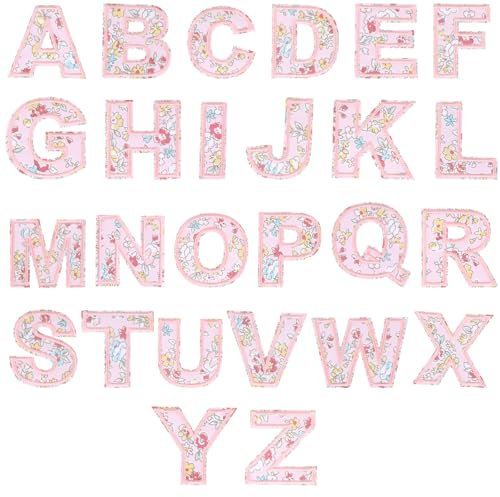 26pcs Floral Iron-on Letter Patches, Embroidered A-Z Alphabet Initial Applique Decorative Flower Letter Sew-on Patch for DIY Clothing Fabric Hat Jacket Backpack Crafts (Pink)