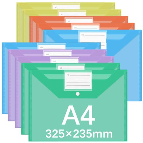 GESDYO 5 Farben Dokumentenmappe A4 Abheftbar 10 Stück Klettverschluss und Etikettentaschen Sichttasche Druckknopf Kunststoff Plastikhüllen Für Büro, Zuhause Postmappe A4 Schule