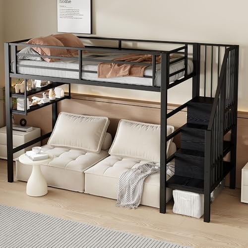 Rvjiahe Hochbett, 90 * 200cm, Einlegeböden, Stauraumleiter, Freiraum unter dem Bett zum Verkleiden, Geländer, ohne Matratze, Schwarz (Schwarz)