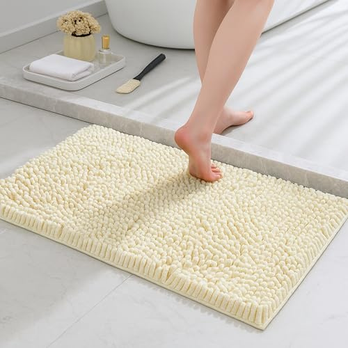 Lions Chenille Bath Mat - 50x80 cm - Extra Soft Non Slip Bathroom Mat, Super Absorbent Fluffy Absorbent Bathmat for Bathroom Floor, Machine Wahsable, Quick Dry Rug Foot Mats, Cream