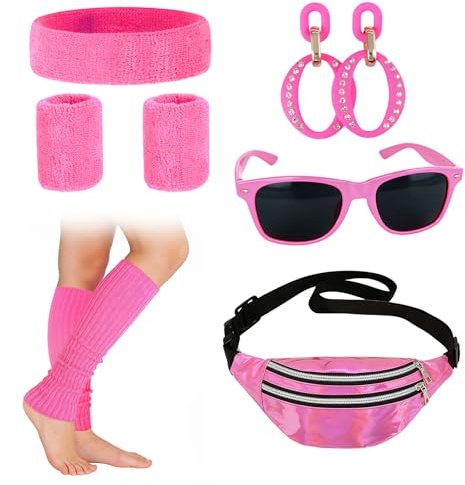 Qwrqwr Aerobic Outfit 80er Damen Set mit Bauchtasche Stirnband Beinwärmer Stulpen Ohrringe Handschuhe Stylisches Accessoire Perfekt für Karneval und 80 jahre Party