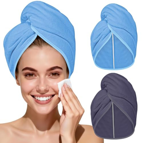 HOTUT Mikrofaser Handtuch Haare Turban,2 Stück Premium Haarturban mit Knopf | Turban Handtuch Handtücher Schnell Saugfähig mit Knopf Schnelltrocknendes für Kopf,Lange Haare Damen(Grau+Hellblau)