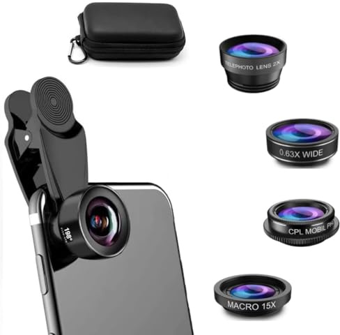 Bailonda Obiettivo per cellulare 5 in 1,lenti per smartphone,198°obiettivo fisheye,0.63X obiettivo grandangolare,CPL teleobiettivo per smartphone compatibile con iPhone e la maggior parte (nero)