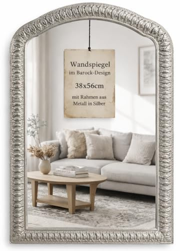 Wandspiegel Barock Silber 38x56 cm – Antik Vintage Spiegel mit Metallrahmen – Eleganter Deko Spiegel für Wohnzimmer, Flur & Schlafzimmer