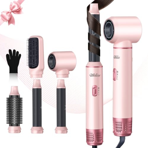 UKLISS 5 in 1 Hair Styler & Hair Dryer Brush Set, 1000W Air Styler - Pink | Air Curling Styler, Multi Styler Air Brush Round Brush, Hairstyler Tools for Drying Curling Straightening Volumising