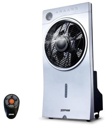 Mach Power - Ventilatore con Nebulizzatore e Ionizzatore, 90W, 3 Velocità, Timer 9.5h, Telecomando Incluso, Serbatoio 2.5L, Silver, Design Compatto - Zephir ZST32CM