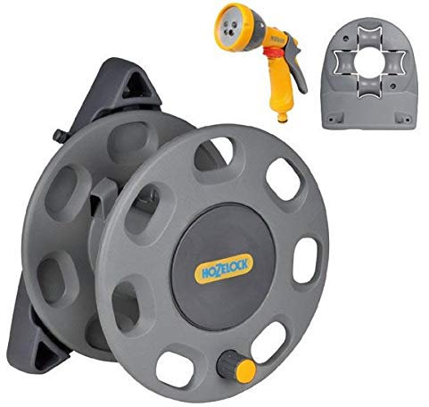 Hozelock 2420 30m Wall Compact Mounted Hose Reel, Hose Guide and 2676 Spray Gun