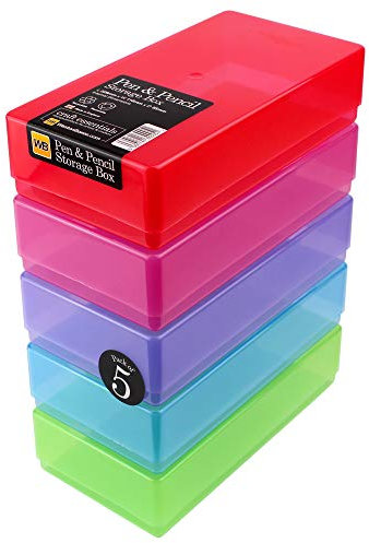 WestonBoxes Essentials für Schreibwaren, Stifte und Werkzeuge - Kunststoff-Aufbewahrungsboxen mit Deckel (Mehrfarbig/Transparent, 5er Pack)