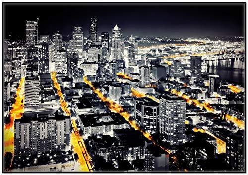 Wallario Wandbild - Großstadt bei Nacht - Seattle in schwarz weiß gelb in Premiumqualität, Poster mit schwarzem Rahmen, Größe: 70 x 100 cm